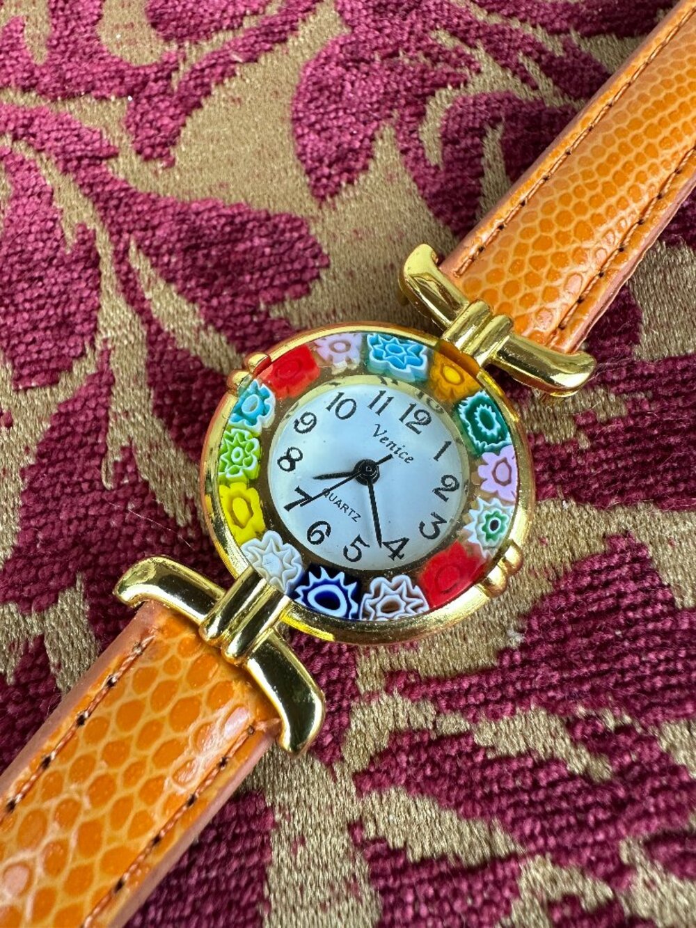 Murano Glass Millefiori Watch Gold-Tone Venice Orange New Battery Working